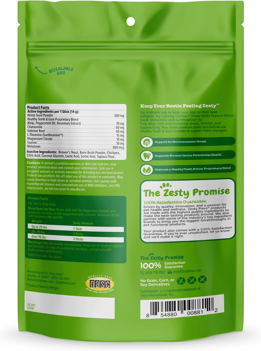 Zesty Paws Hemp Elements Calming OraStix Peppermint Flavored Dental Chews Calming Supplement for Dogs