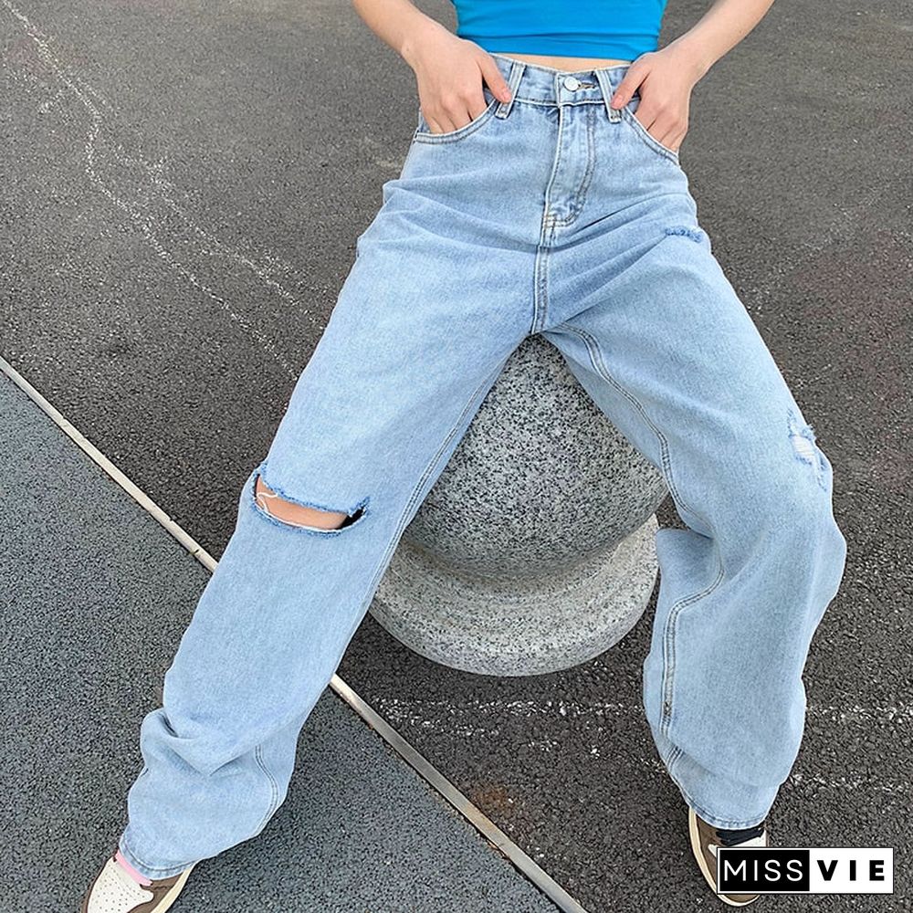 Weekeep Ripped Wide-leg Straigh Women's Jeans High Waist Blue Streetwear Fashion Vintage Pants Summer Fashion Loose Jeans Women