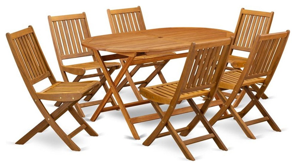 7 Piece Set  6 Chairs and Table and Round Top With Wood 4 Legs  Natural Finish   Transitional   Outdoor Dining Sets   by Homesquare  Houzz