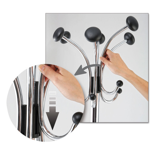 Alba Chromy Coat Stand， 12 Knobs， 16w x 16d x 70.5h， Chrome/Black (PMCLAS)