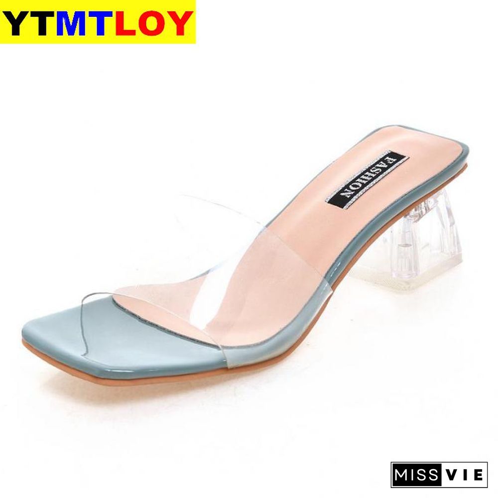 Clear Summer Sandals Women Shoes Women Mules Slides Peep Toe Transparent Square High Heels Female Shoe Casual Square Heel