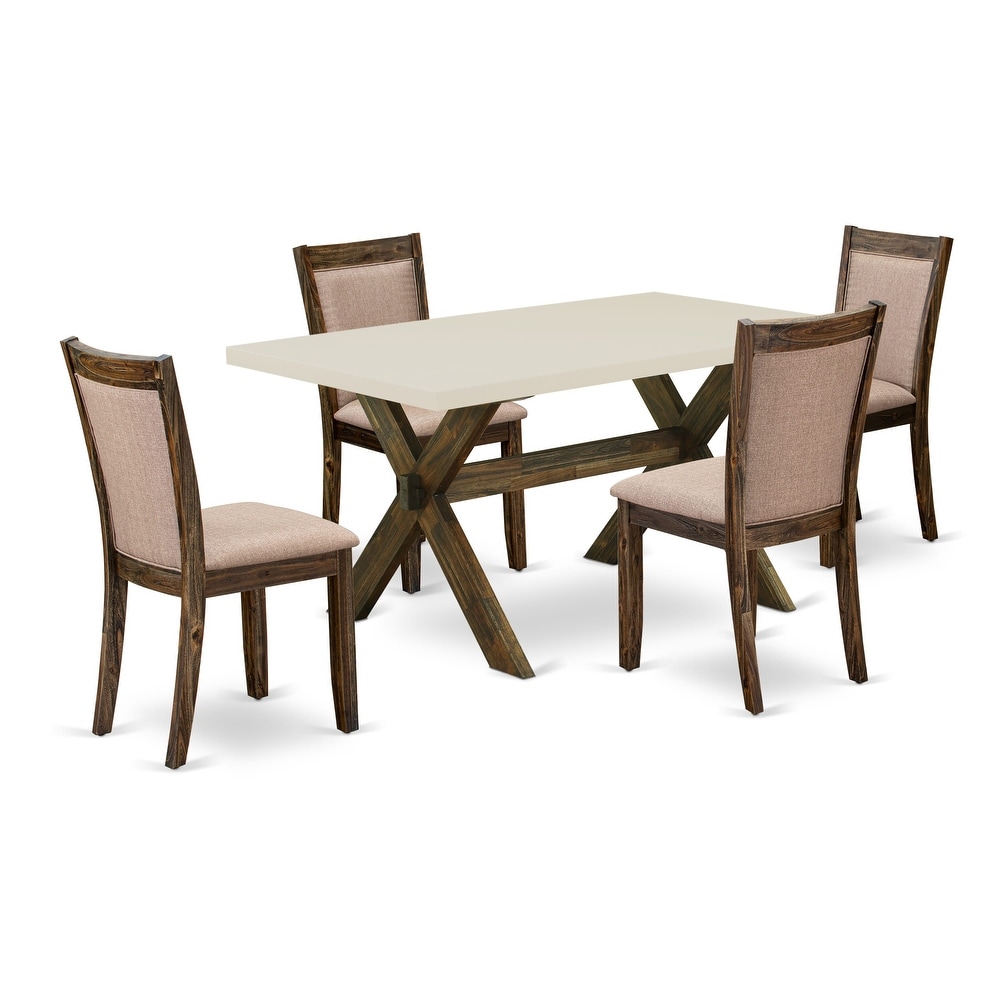 East West Furniture Dinette Set  a Dining Table and Dark Khaki Linen Fabric Chairs  Distressed Jacobean(Pieces Options)