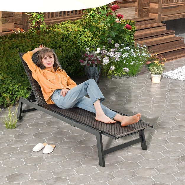 Costway Patio Galvanized Steel Chaise Lounge With Wheels Outdoor Pe Rattan Recliner Chair