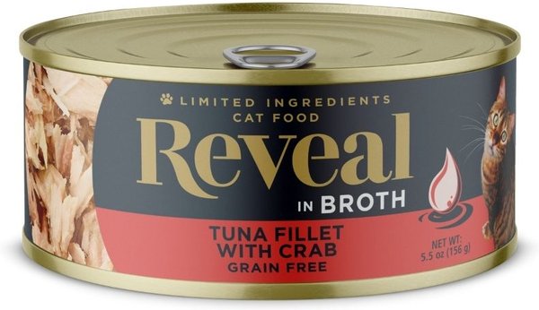 Reveal Natural Limited Ingredient Grain Free Tuna Fillet with Crab in Broth Wet Cat Food， 5.5oz， case of 12