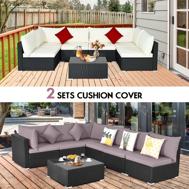 Costway 7pcs Patio Rattan Furniture Set Sectional Sofas Off White amp Grey Cushion Covers