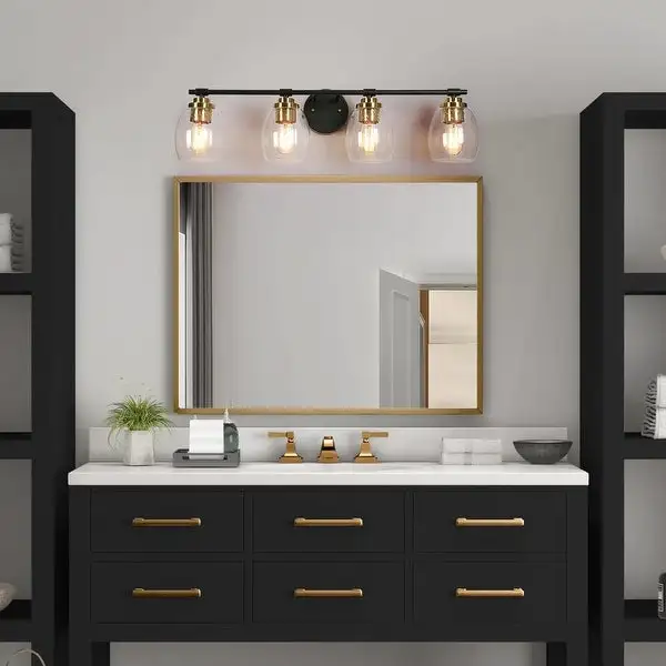 Fintch Modern Farmhouse 4-light Bathroom Vanity Light Fixture Industrial Black Gold Wall Sconce