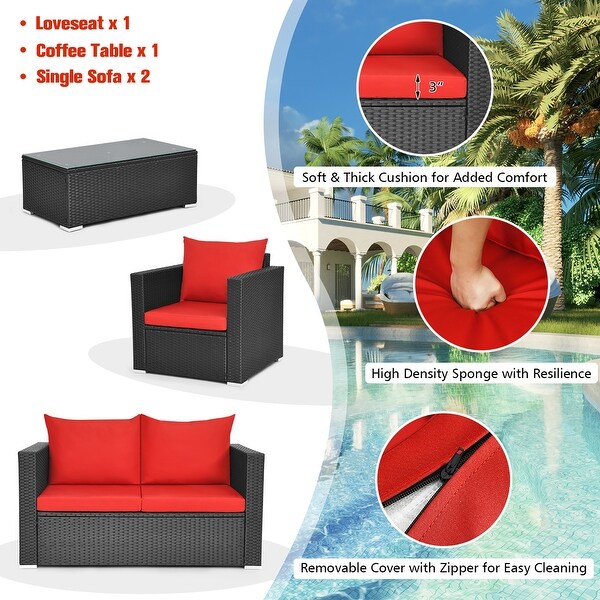 Costway 4PCS Patio Rattan Furniture Set Cushioned Sofa Chair Coffee