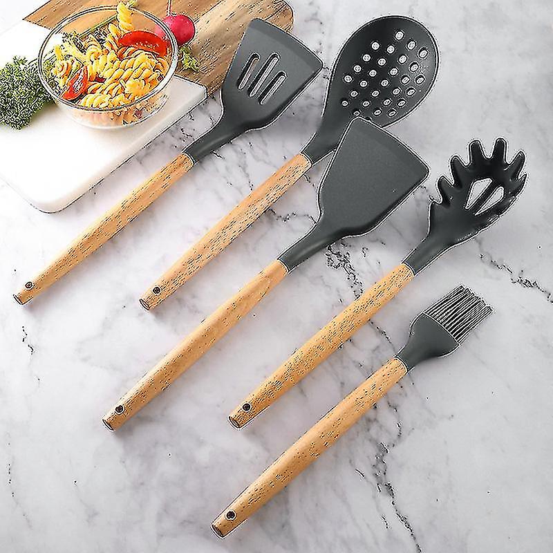 Heat Resistant Silicone Spatulas Set For Non Stick Pan Cookware Wooden Long Handle Spatulas Gray Rubber Spatula