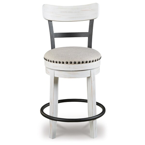 Zane 25 Inch Swivel Counter Height Stool， Round Cushioned Seat， White Wood