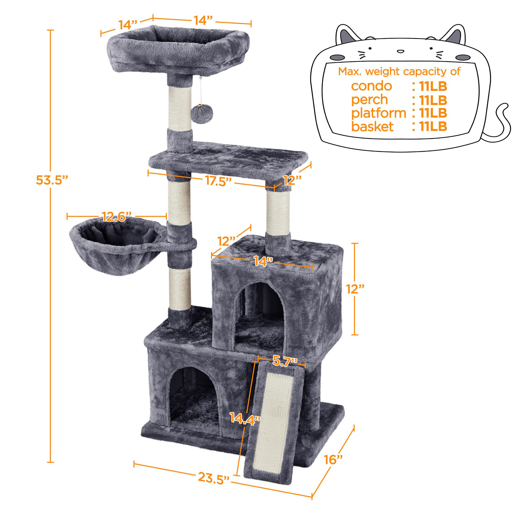 Topeakmart Dark Gray Plush Cat Tree with 2 Condos for Kittens， 53.5