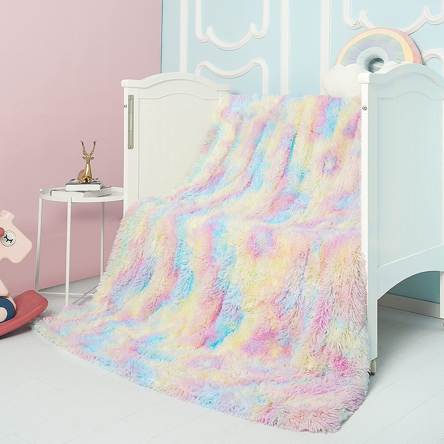 Lochas Plush Fluffy Soft Rainbow Blanket for Couch Bed Sofa Kids Warm Sherpa Colorful Blankets， 50