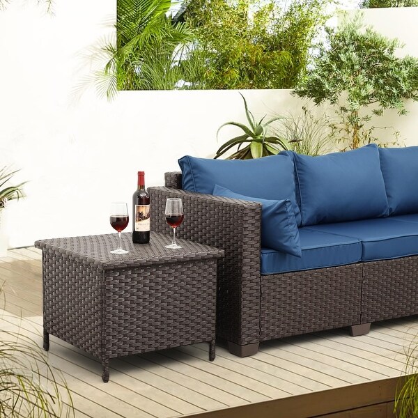 Outdoor PE Wicker Side Table with Storage Patio End Table Resin Rattan Storage Table for Garden Backyard Porch Poolside