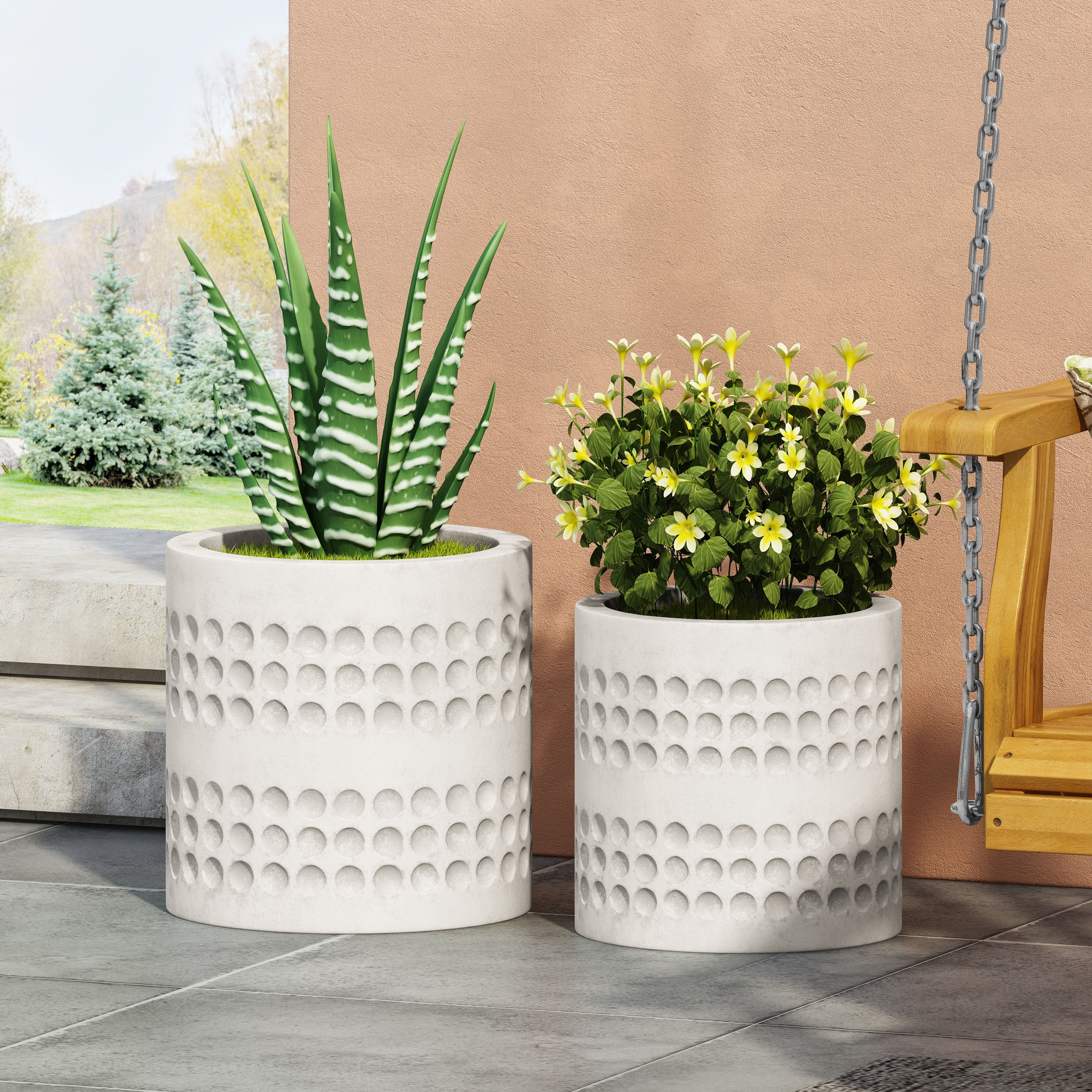 Suncook Outdoor Medium and Large Cast Stone Planter Set, Antique White