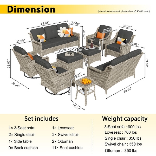 HOOOWOOO 9piece Patio Wicker Furniture Conversation Set with Swivel Chair and Loveseat Sofa