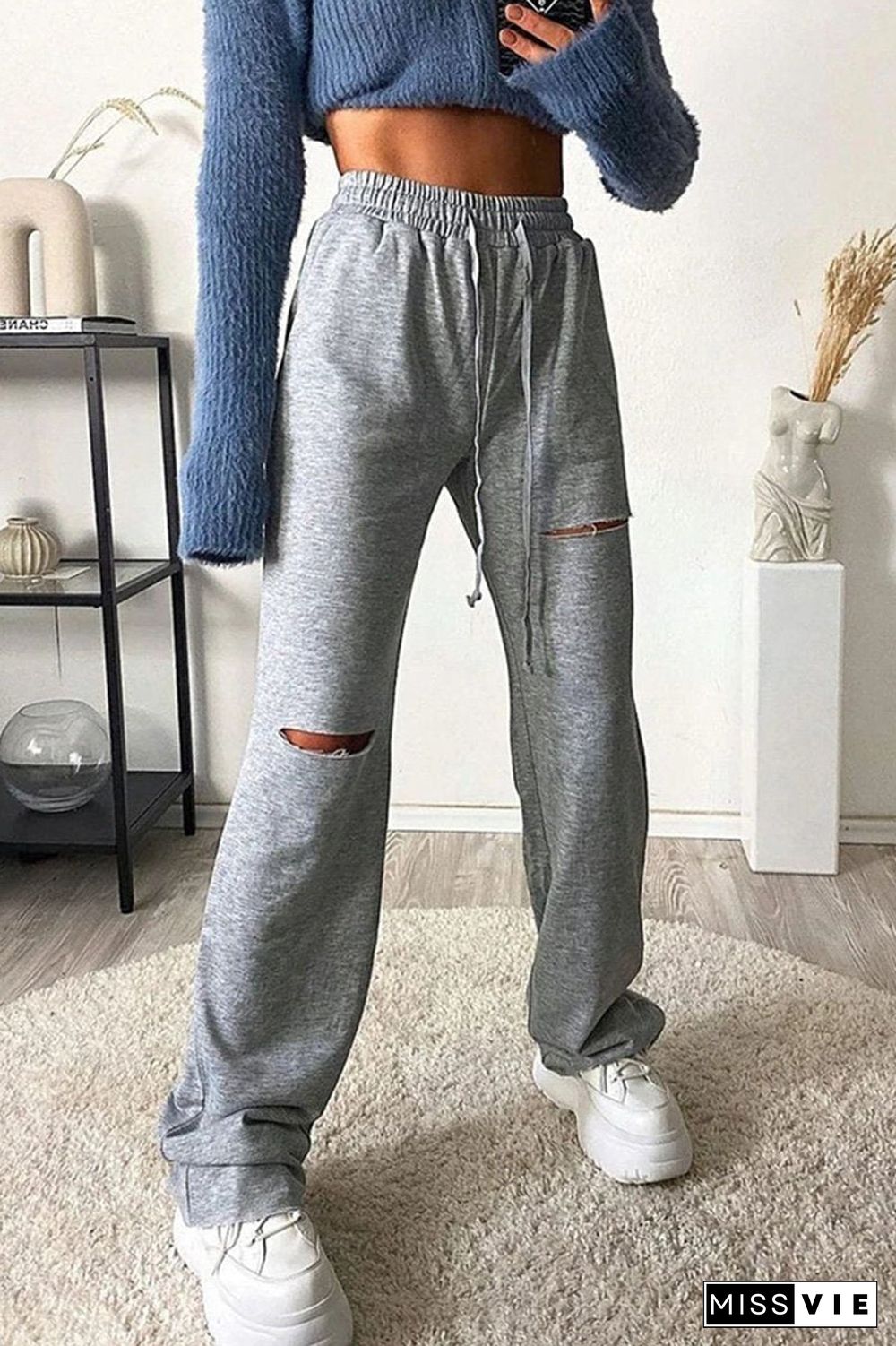 Solid Color Hole Drawstring Waist Pants