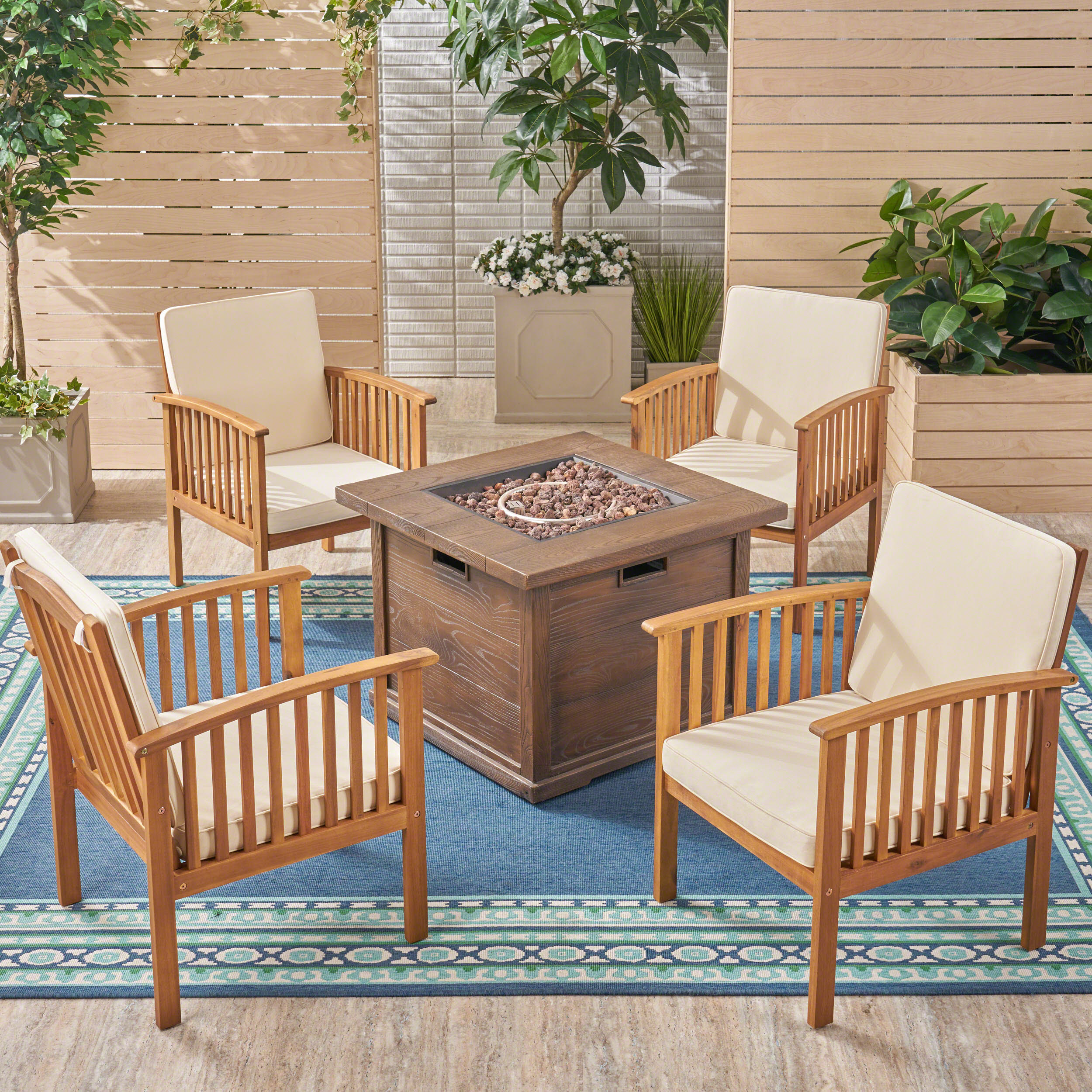 Cape Outdoor 4-Seater Acacia Wood Club Chairs with Firepit