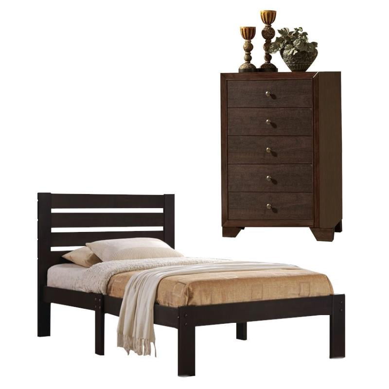 Home Square 2-Piece Furniture Set with Twin Bed and 5-Drawer Chest in Espresso