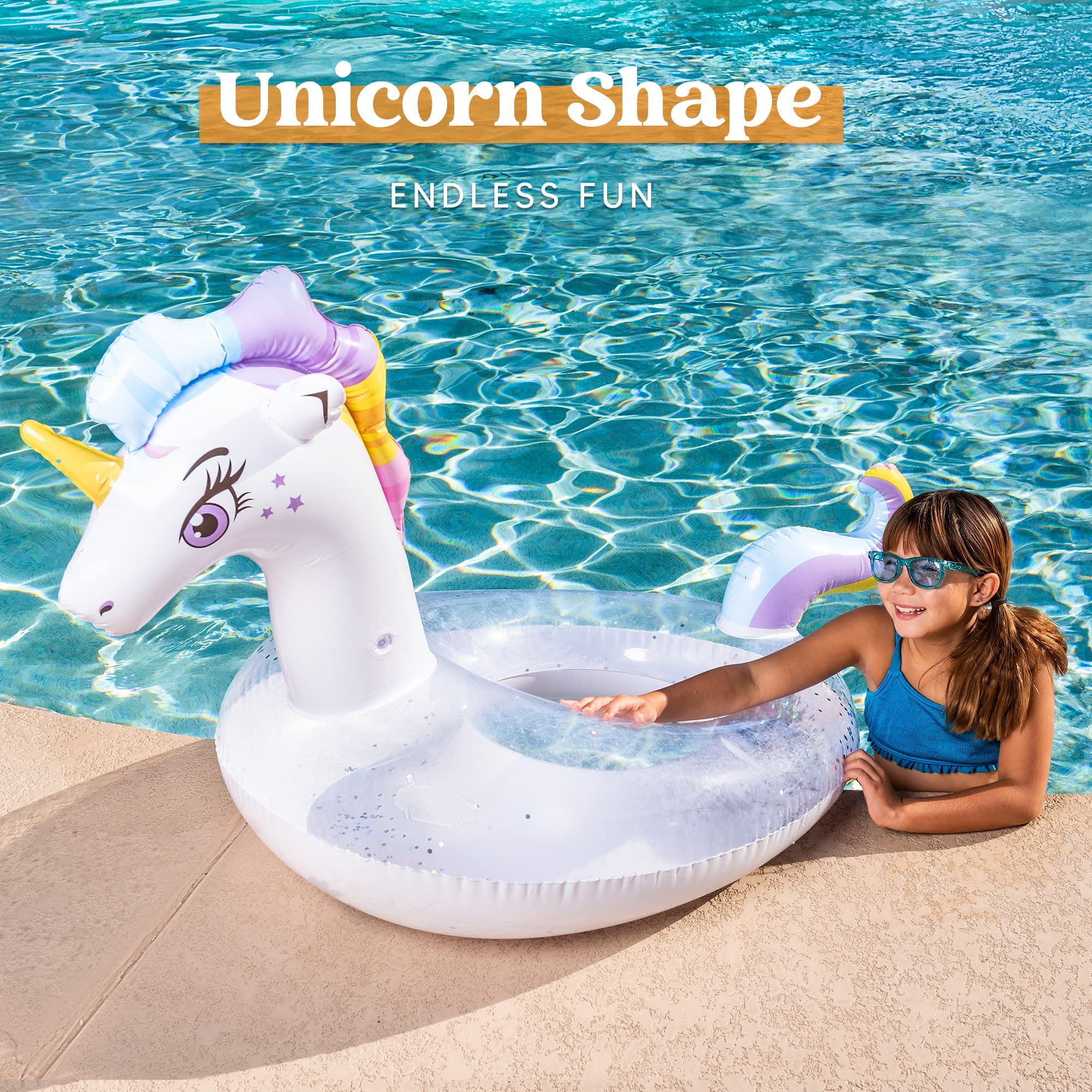 Inflatable Unicorn Pool Float with Glitters, Tubes for Floating, Fun Beach Floaties, Pool Toys, Summer Party Decorations for Kids (51” x 33.5” x 32.5”)