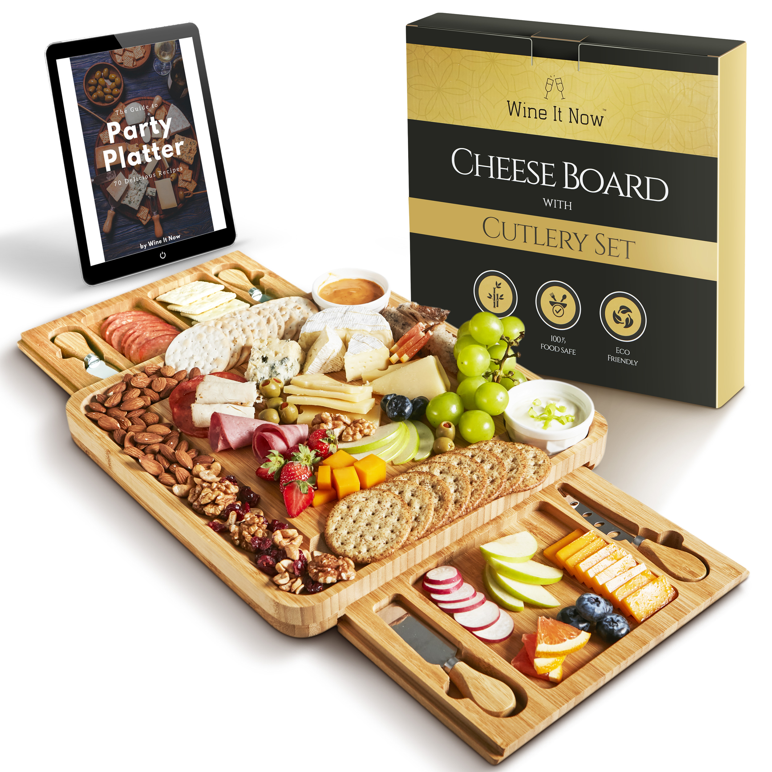 Wine It Now Bamboo Charcuterie Board Set with Slide-Out Drawers and Tools