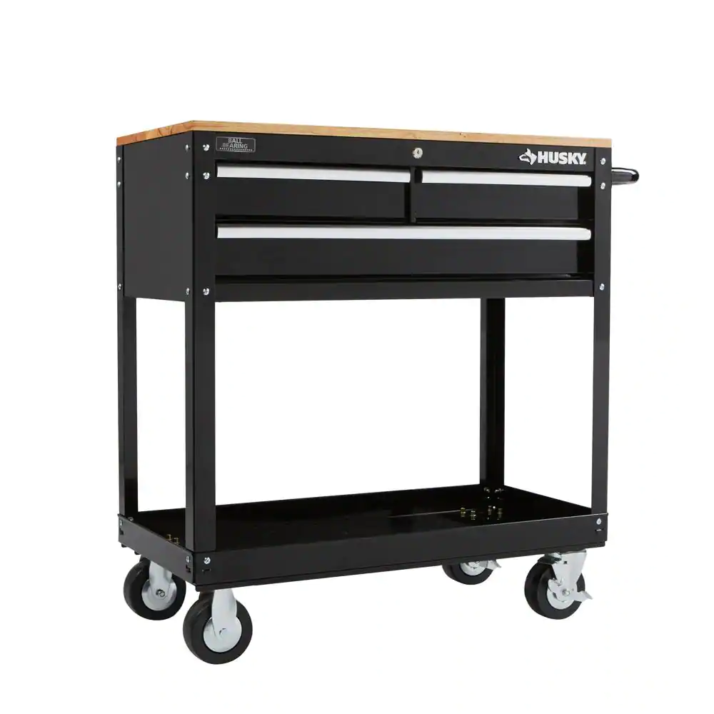 Husky HOUC3603B1QWK 36 in. W x 17 in. D Standard Duty 3-Drawer Rolling Tool Cart with Hardwood Top in Gloss Black