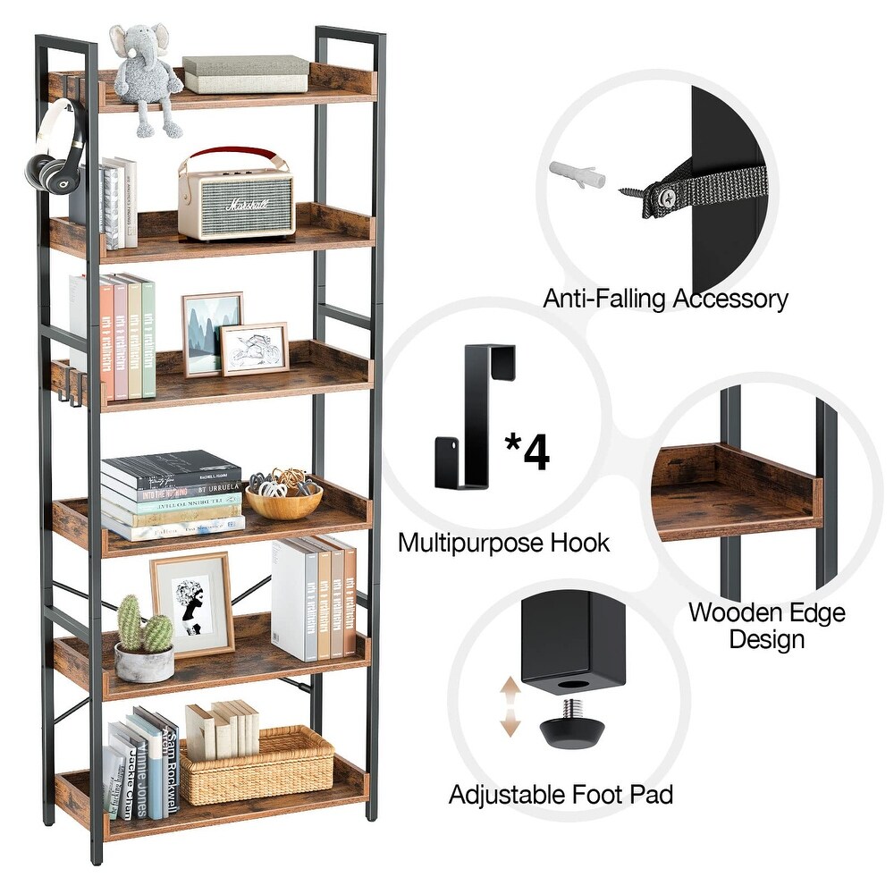 Bookshelf 6 Tier with 4 Hooks  Industrial Bookcase  Vintage Storage Rack with Open Shelves for Living Room  Bedroom