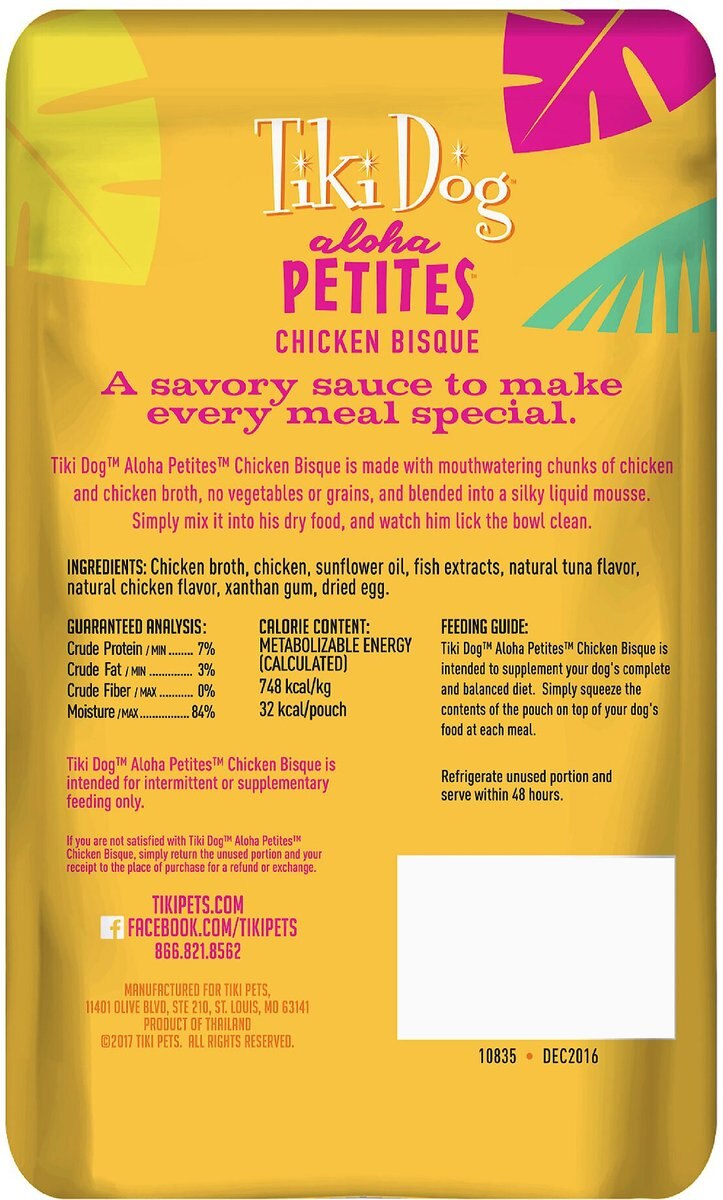 Tiki Dog Aloha Petites Flavor Booster Chicken Bisque Dog Food Topper， 1.5-oz pouch， case of 12