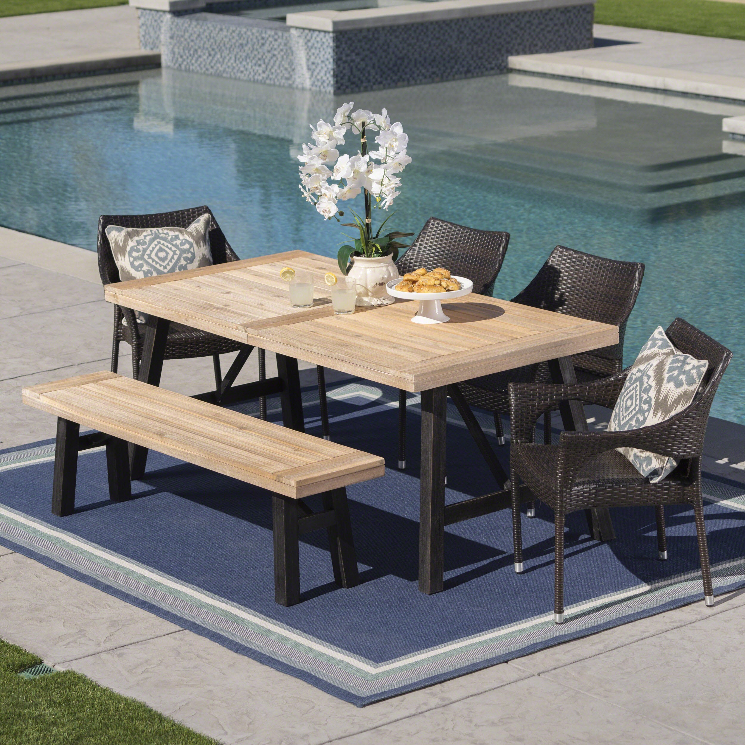 Secos Outdoor 6 Piece Acacia Wood Dining Set with Wicker Stacking Chairs