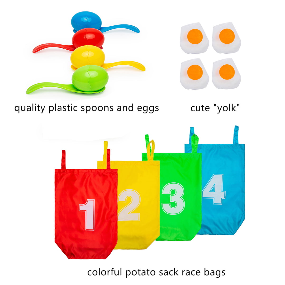 4-1 Kids Outdoor Game Toy Family Lawn Game Egg Hunt， Potato Sack Race Bags， Child Stilts， Vests for Catch Tails Outside Yard Activities Birthday Gift for Boy Girl Party Decoration