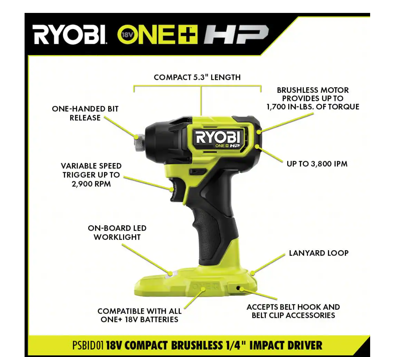 RYOBI PSBID01K-PSBIW01B ONE+ HP 18V Brushless Cordless Compact 1/4 in. Impact Driver， 3/8 in. Impact Wrench， (2) Batteries， Charger， and Bag