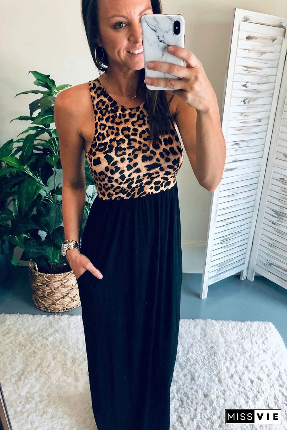 Sleeveless Leopard Bodice Maxi Dress with Pockets