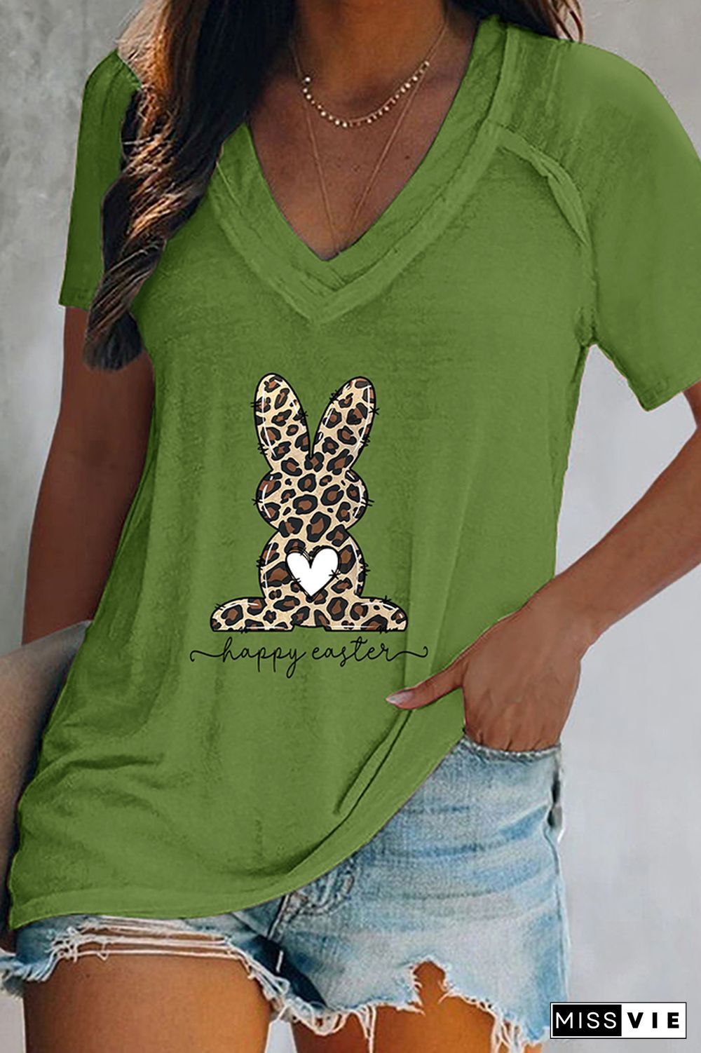 Happy Easter Leopard Bunny V Neck Graphic Tee