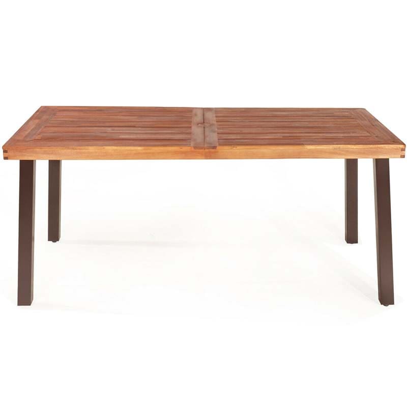 Rustic Brown Acacia Wood Patio Dining Table with Umbrella Hole, Rectangular Outdoor Picnic Table with Metal Legs