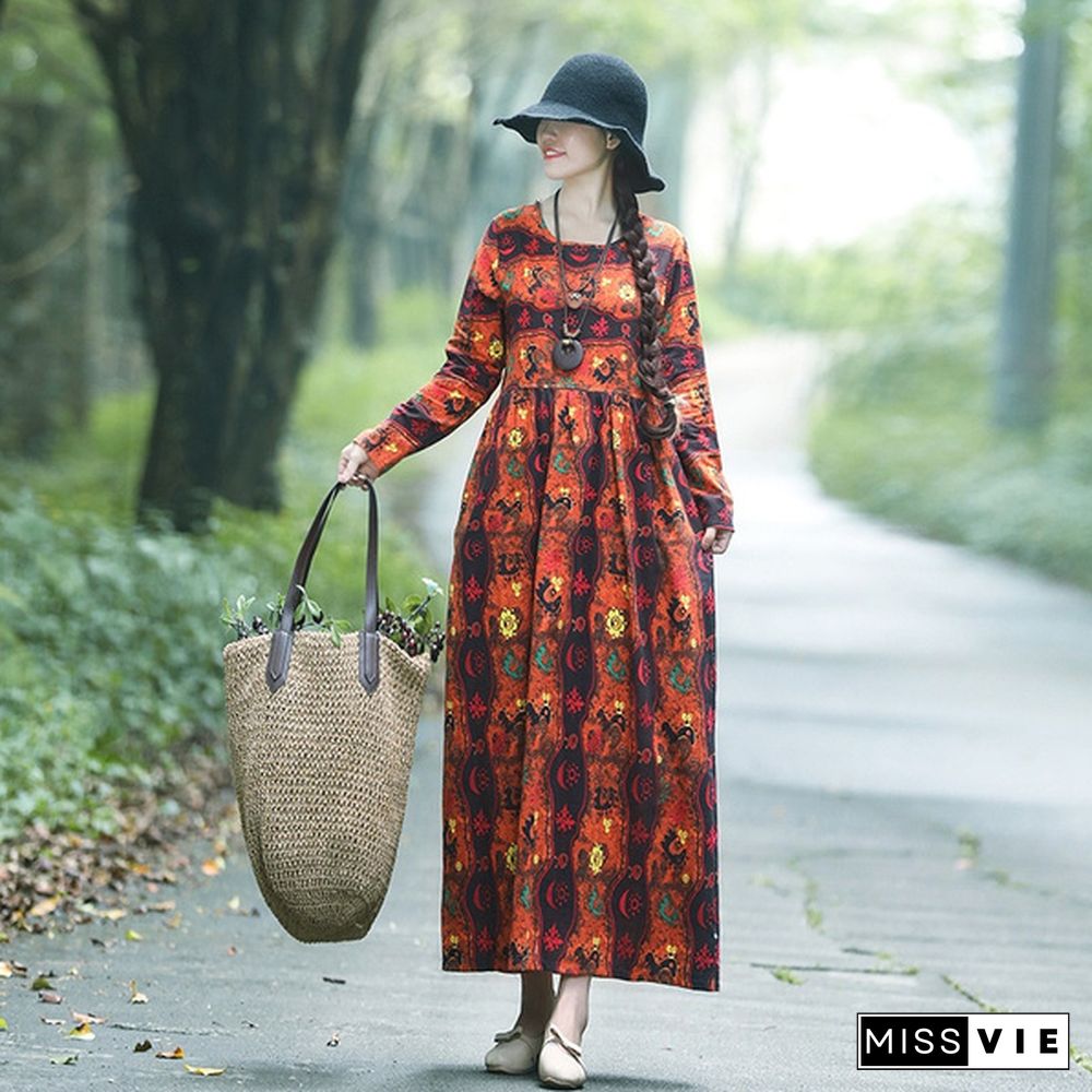 New Arrival Women's Fashion Clothing Spring and Autumn Folk Style Linen Defined Waist Loose Full Dress Printed Long Sleeve Dress