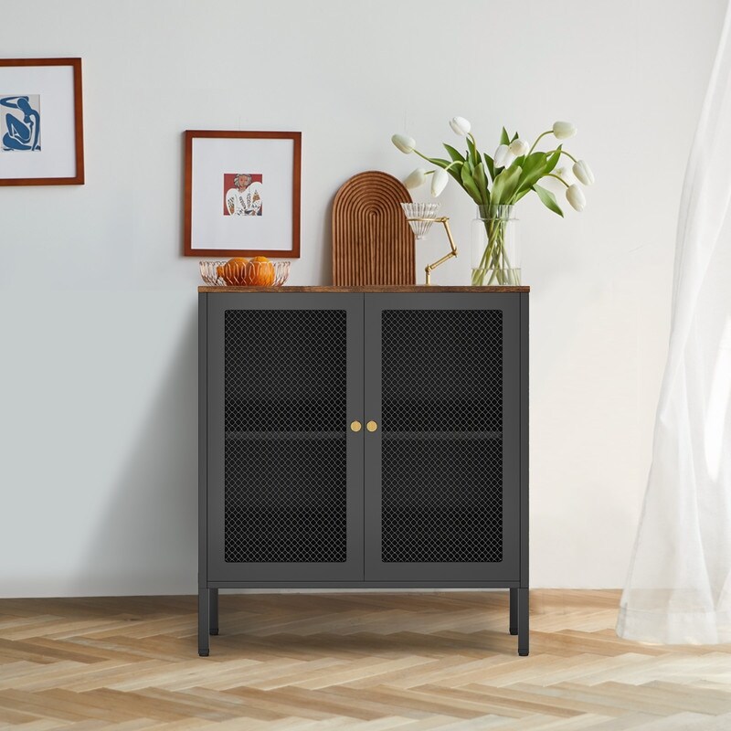 Metal Steel Locker 2 Grid Doors Storage Office File Cabinet with Magnetic Grid Doors and Adjustable Shelf  Black