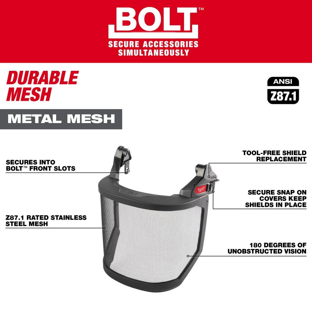 Milwaukee BOLT Full Face Shield Metal Mesh Compatible with Milwaukee Safety Helmet No Brim