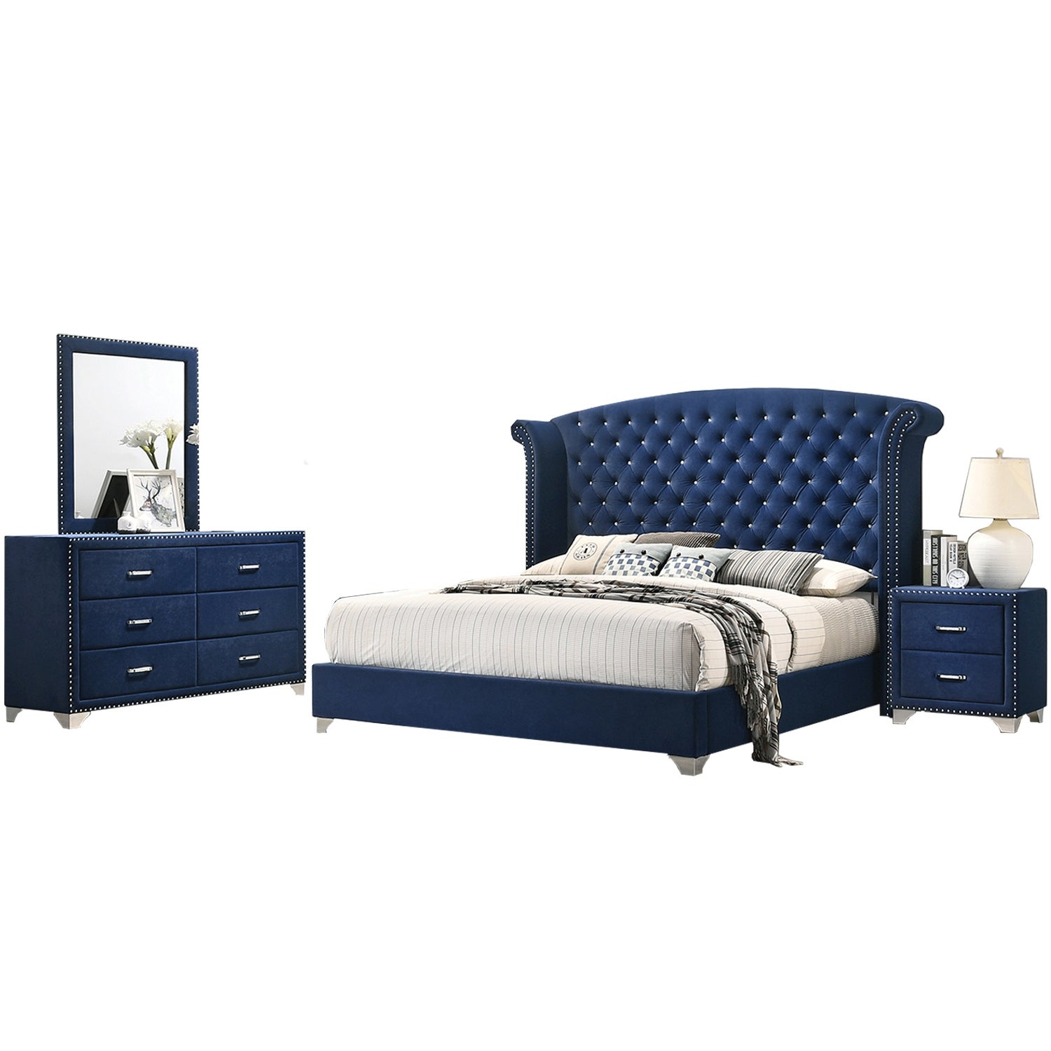 Eastern King Tufted Upholstered Bedroom Set in Blue - - 36135741