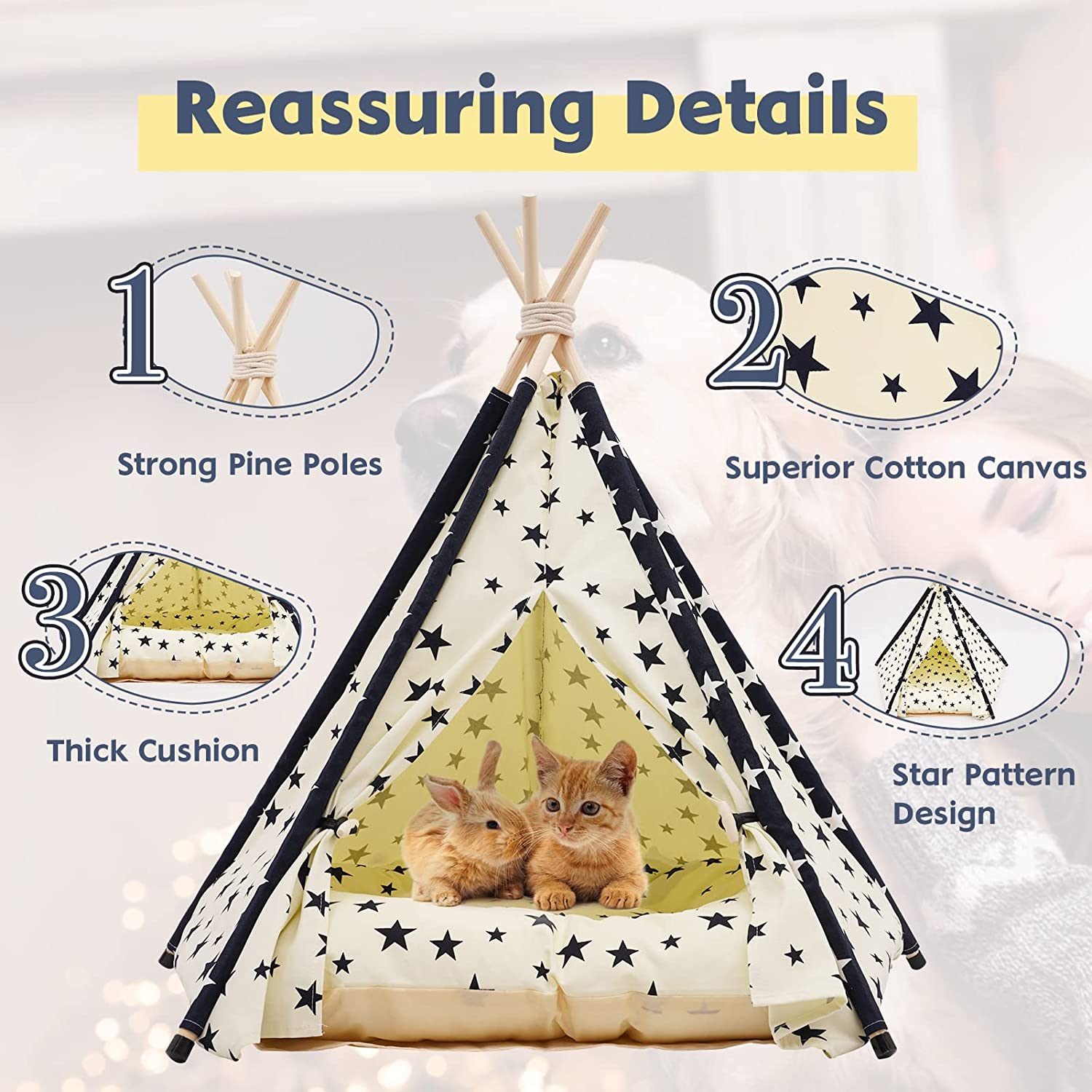 Pet Teepee Tent for Dogs and Cats， 24 Inch Portable Indoor Dog House with Thick Cushion， Cat Teepee Tent Washable