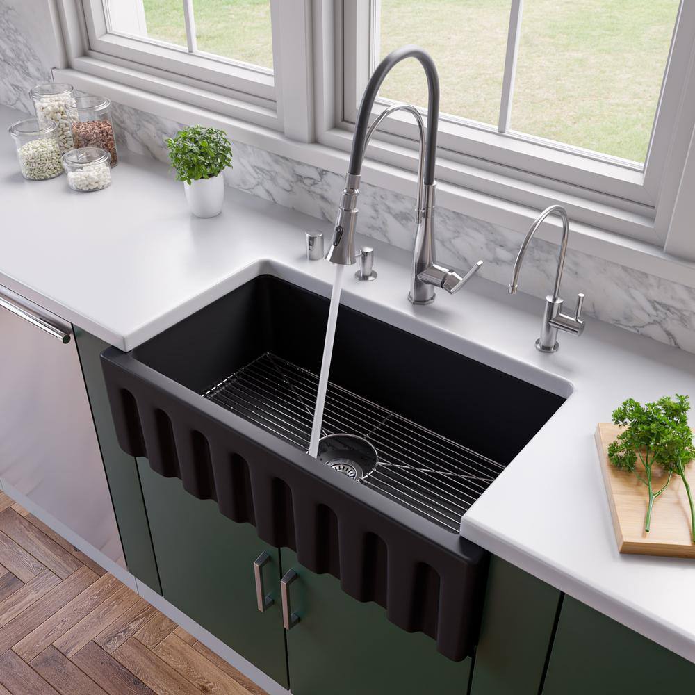 ALFI BRAND Black Matte Fireclay 33.13 in. Single Bowl Farmhouse Apron Workstation Kitchen Sink AB3318HS-BM