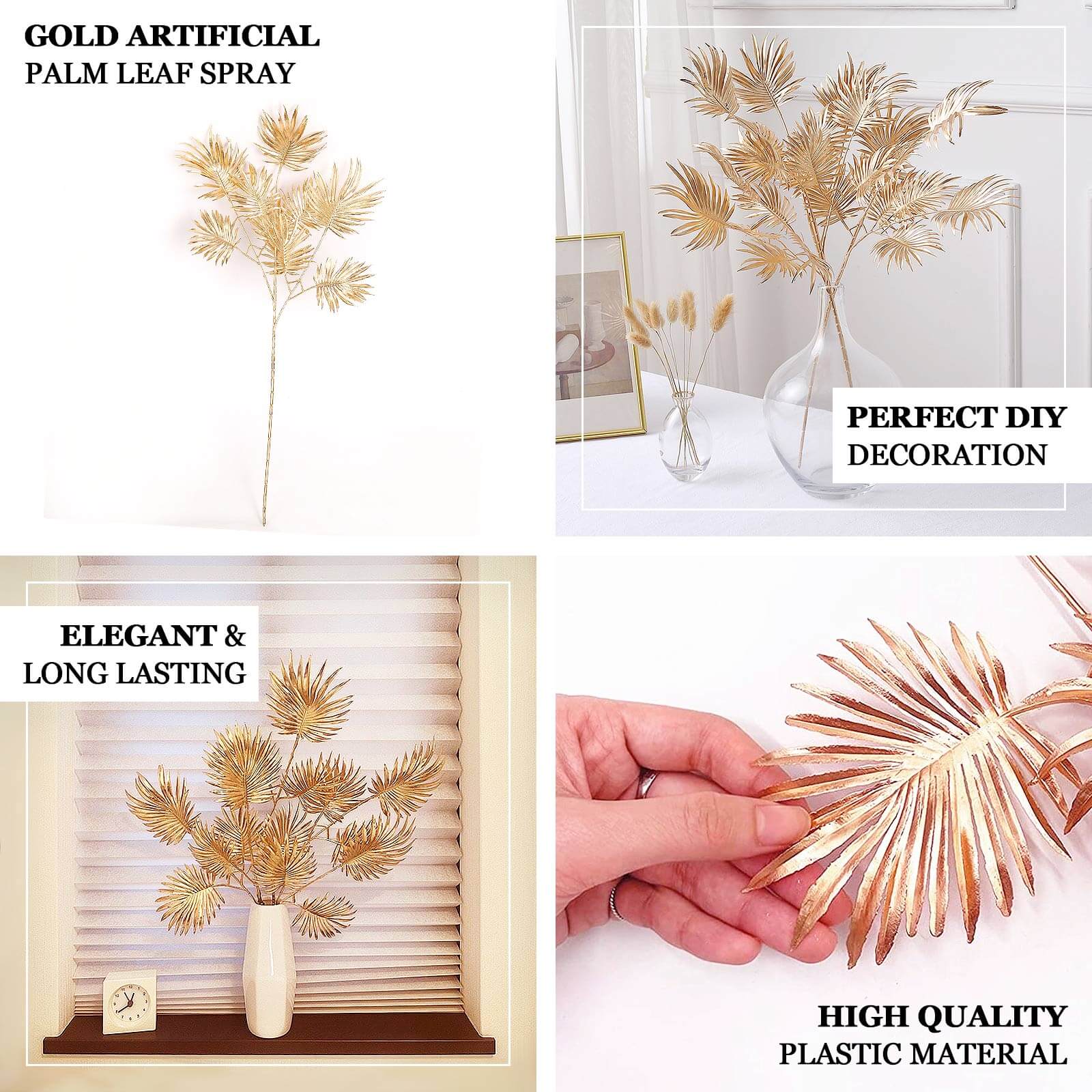 3 Pack Metallic Gold Artificial Palm Leaf Branches, Faux Plant Vase Fillers 24