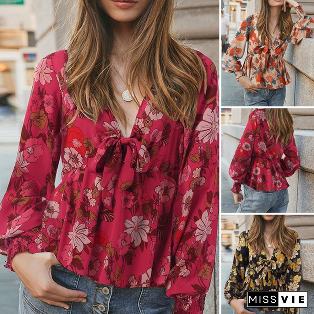 Women Casual V Neck Full Sleeved Top Holiday Printed Retro Spring Shirt Blouse Plus Size