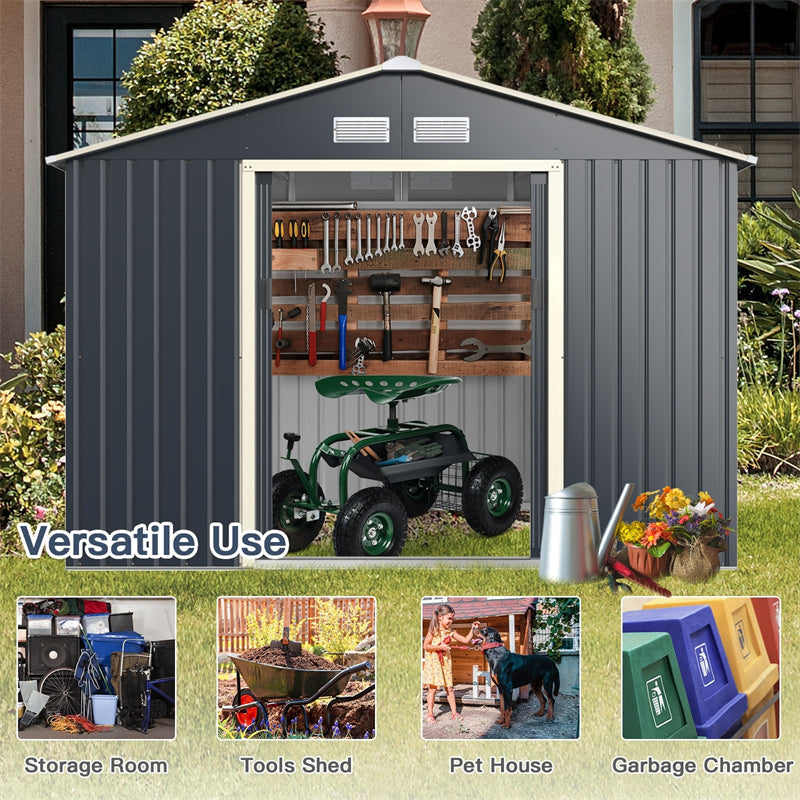 9 x 6 FT Outdoor Metal Storage Shed with 4 Air Vents & Sliding Double Lockable Doors, Backyard Tool Shed Garden Storage House