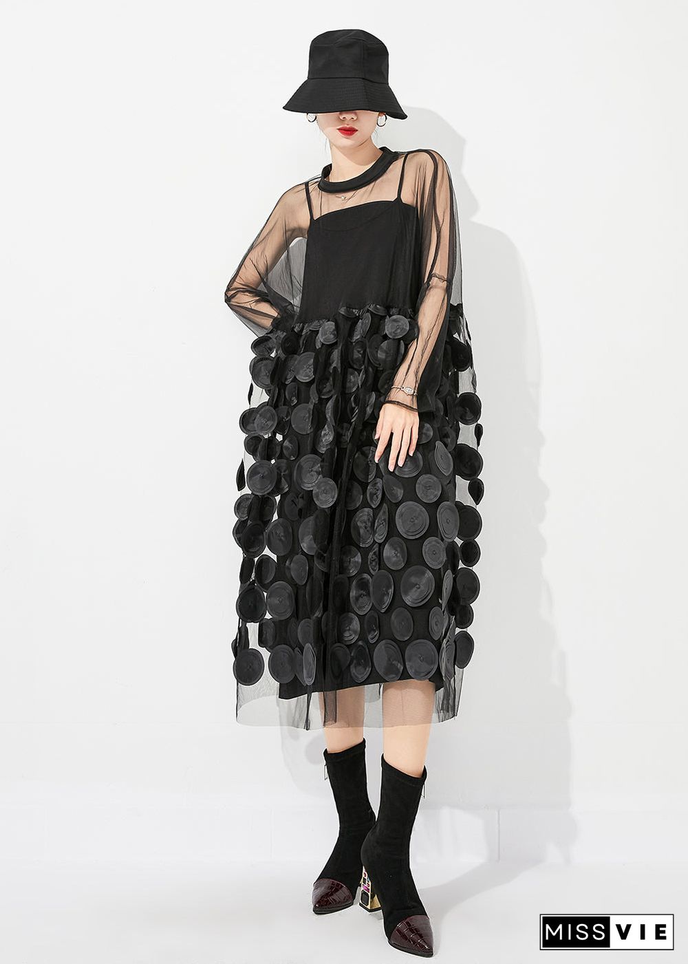 Casual Black Oversized Patchwork Hollow Out Tulle Long Dress Summer