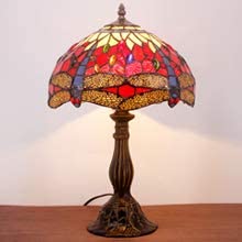 SHADY  Table Lamp Red Yellow Stained Glass Dragonfly Style Bedside Lamp Desk Reading Light 12X12X18 Inches Decor Bedroom Living Room Home Office S328 Series