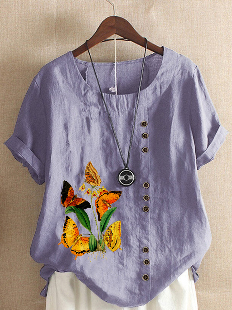 Round Neck Casual Loose Butterfly Short Sleeve Blouse