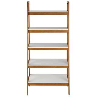 Camaflexi Mid Century Modern 74 in. White  Castanho Wood 5-Shelf Open Bookcase with Solid Wood Frame MD23312