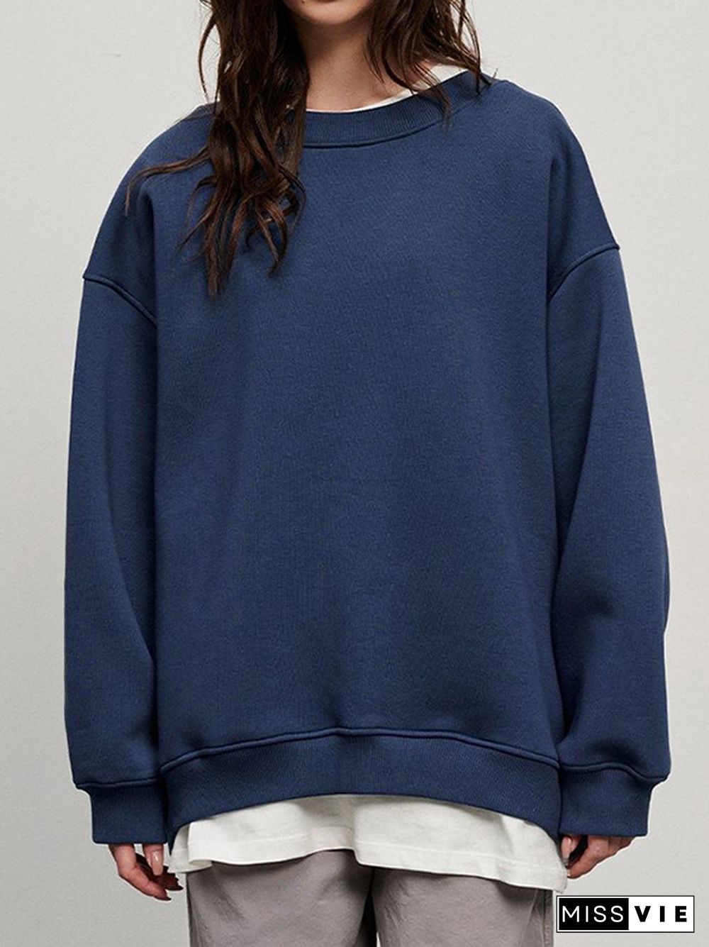 Long Sleeves Loose Solid Color Round-Neck Sweatshirt Tops