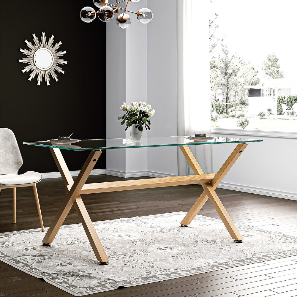 SOGES Glass Dining Table Coffee Table with Wood Legs   Oak