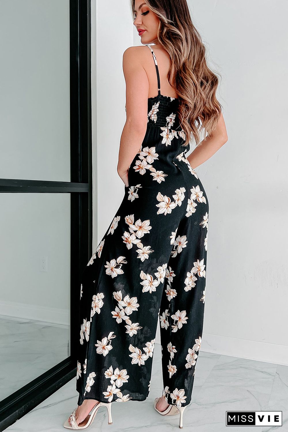 Black Tie Decor V Neck Floral Wide Leg Jumpsuit