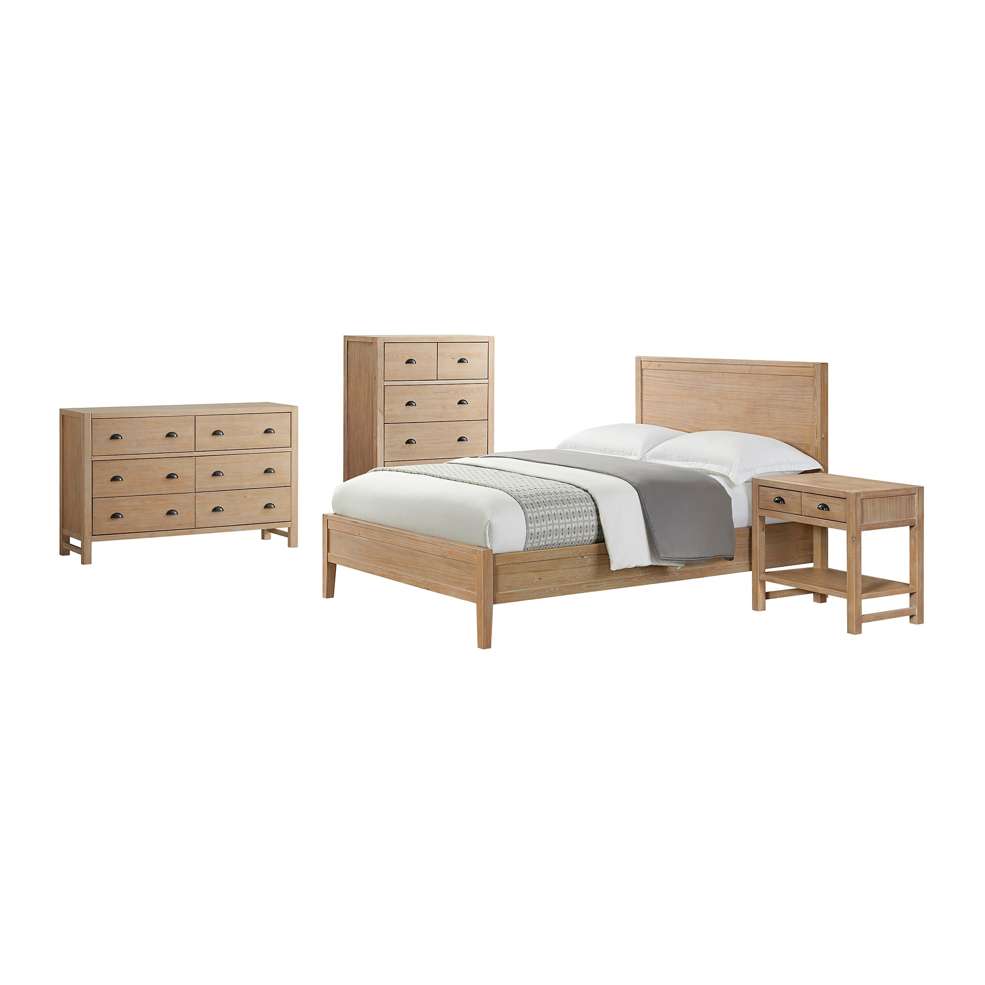 Arden 4-Piece Wood Bedroom Set with Queen Bed， 2-Drawer Nightstand with Open Shelf， 5-Drawer Chest， 6-Drawer Dresser - - 35679111