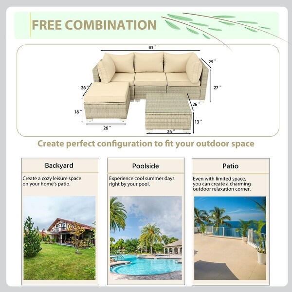 5Piece HandWoven PE Wicker Outdoor Patio Sectional Sofa Set with Cushions and Coffee Table